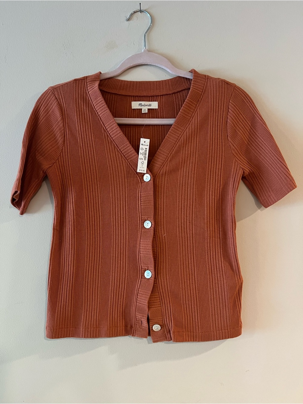 Madewell Ribbed Button-Front Top in Rust